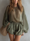 Boho Elastic Waist Bubble Short Set