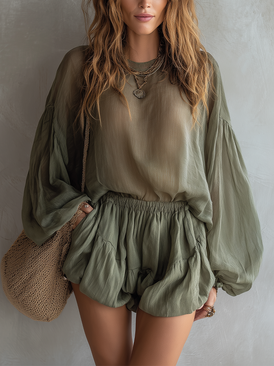 Boho Elastic Waist Bubble Short Set