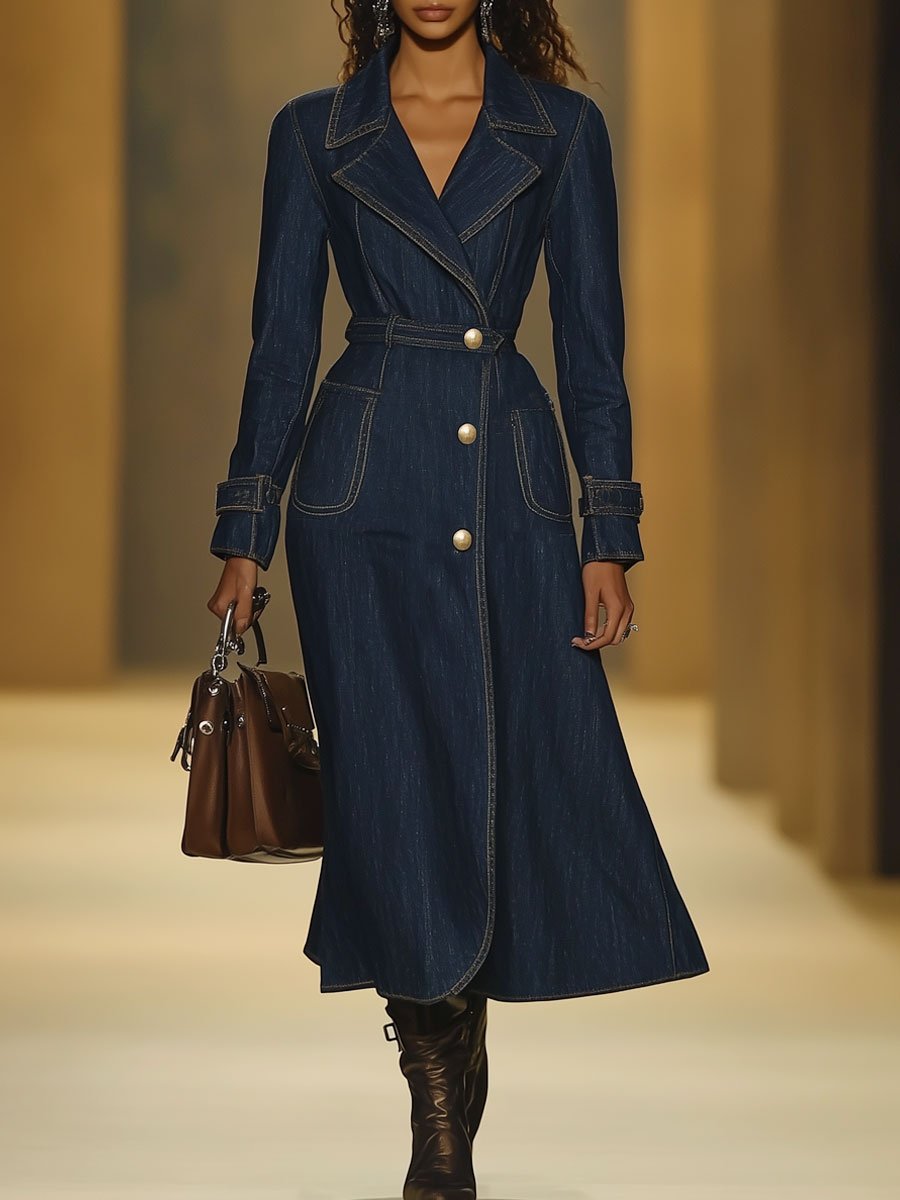 [24-hour shipping out]Casual Retro Pocket Denim Long Sleeve Dress Style Trench Coat