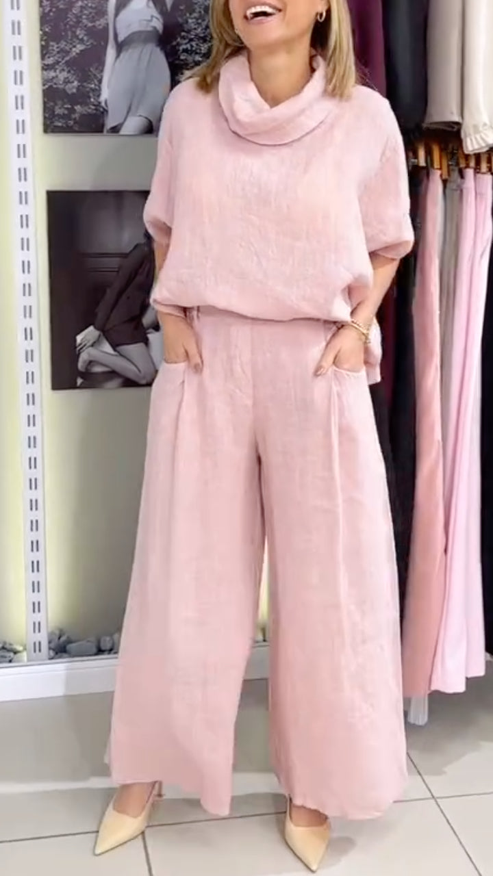 Women's High-Neck Cotton Linen Loose Casual Suit
