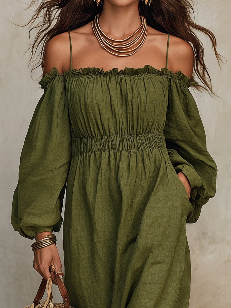 Boho Olive Green Cotton-Linen Off-Shoulder Maxi Dress