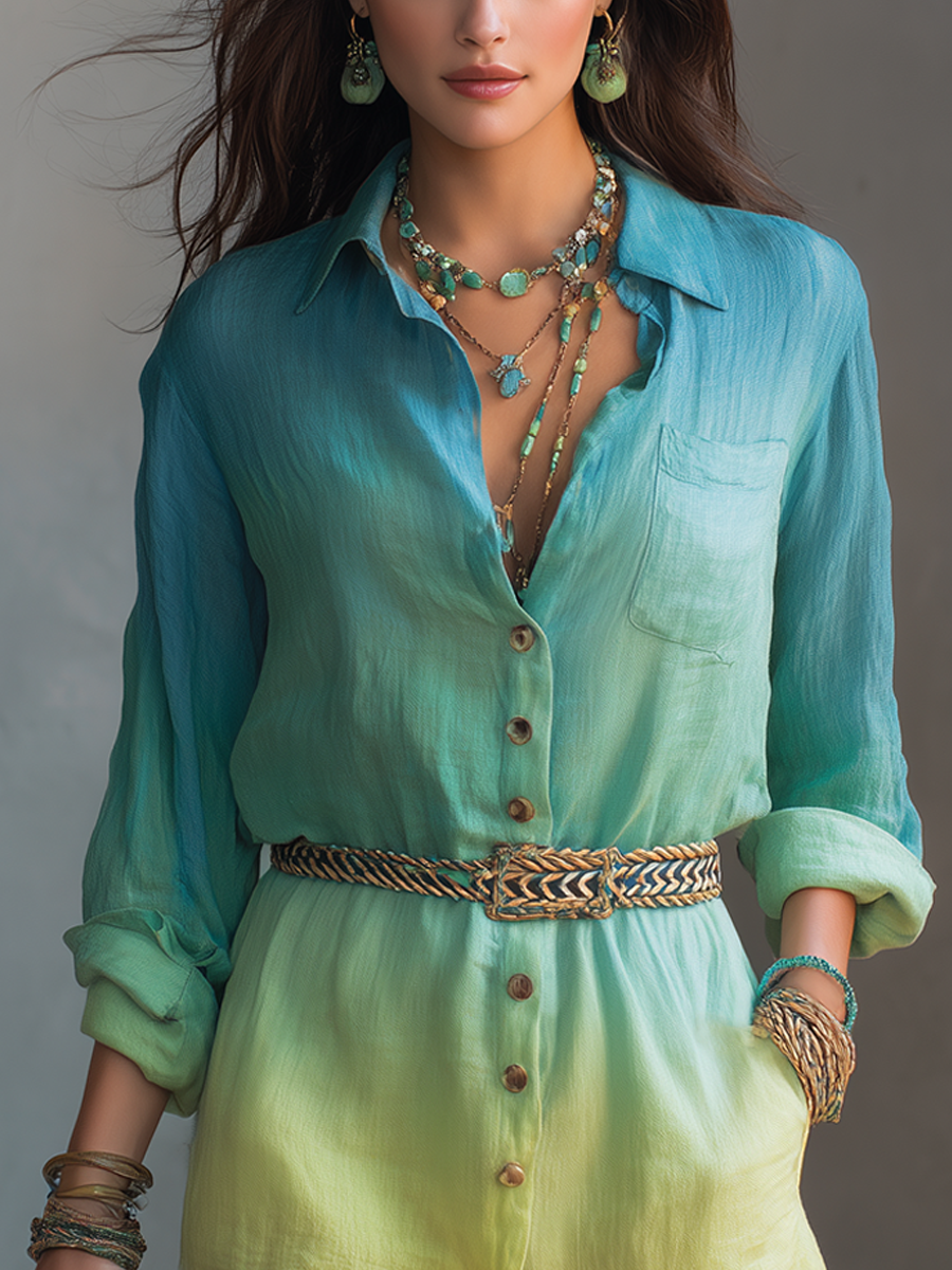 Effortless Bohemian Teal Ombre Lightweight Linen Romper