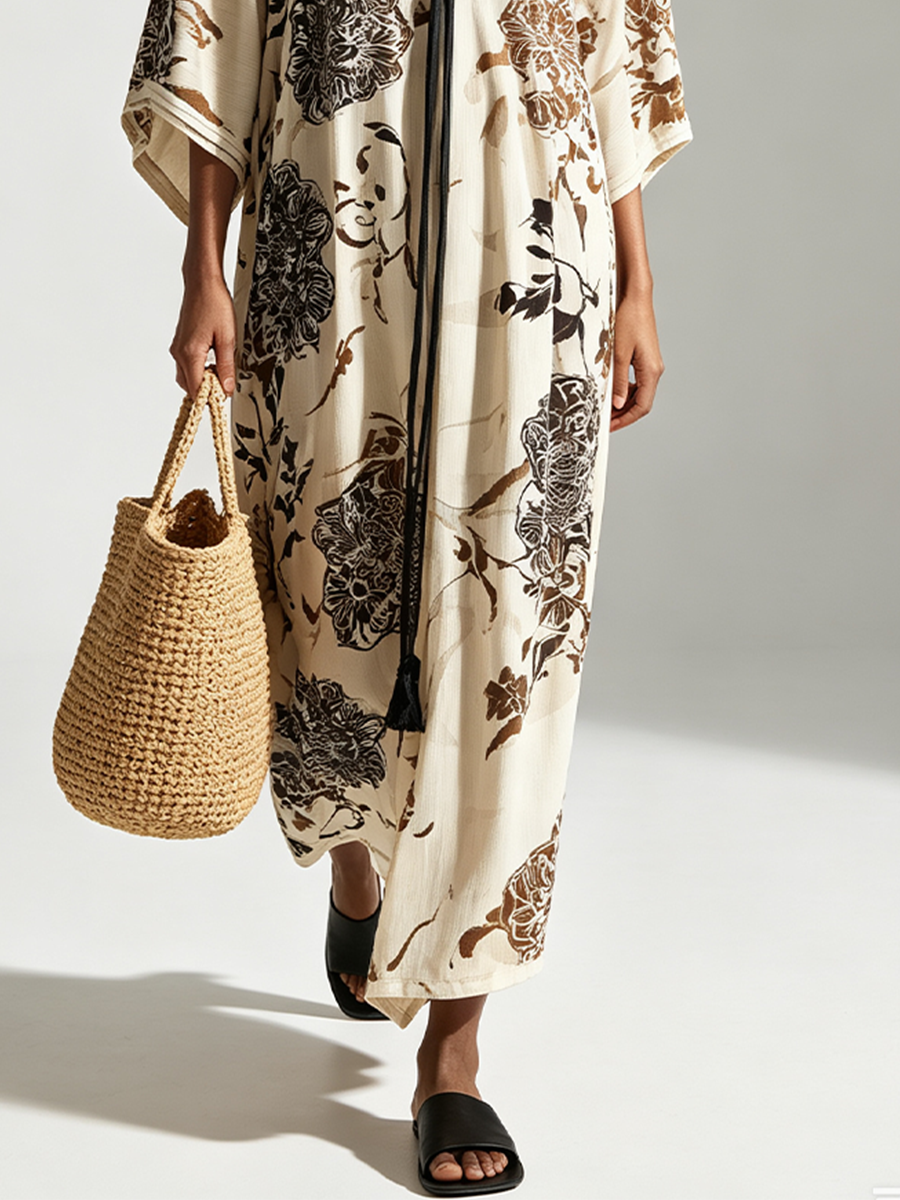 Resort Floral Loose Fit Kimono Sleeve Maxi Dress