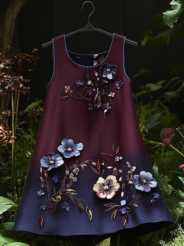 Vintage Pansy Embroidered Linen Sleeveless Dress