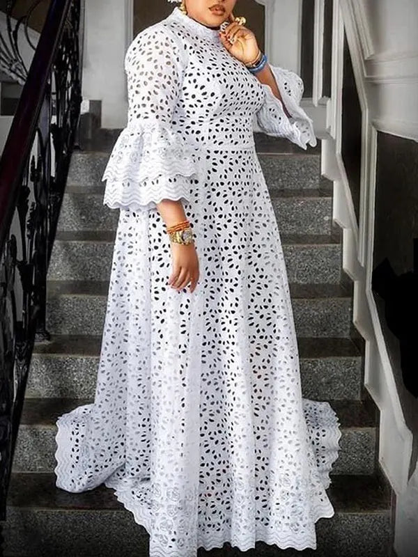 Loose Solid Color Long Sleeve Falbala Hollow White Maxi Dress