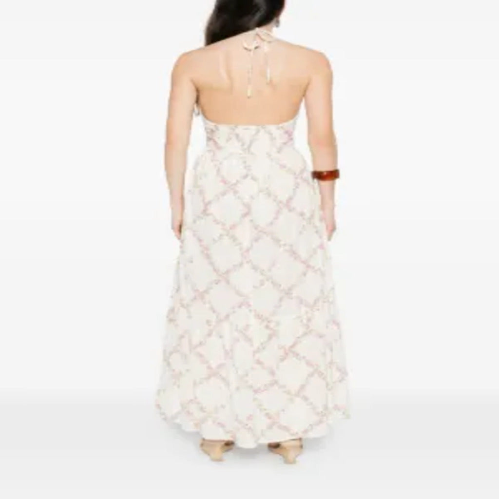 🌸 Abito lungo a halter bianco con stampa floreale rosa