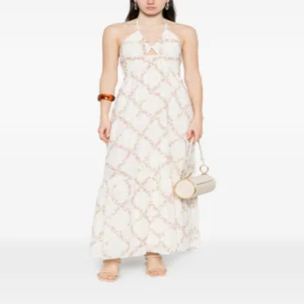 🌸 Abito lungo a halter bianco con stampa floreale rosa