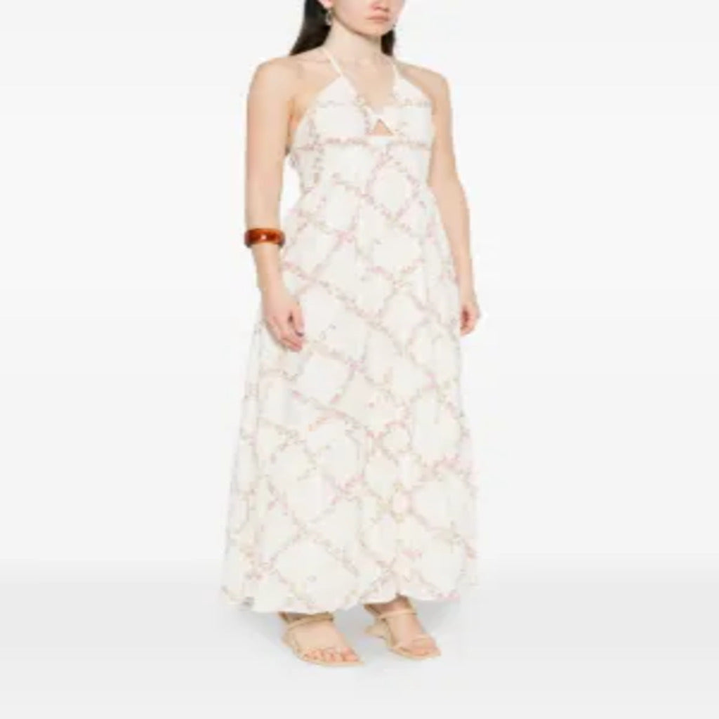 🌸 Abito lungo a halter bianco con stampa floreale rosa