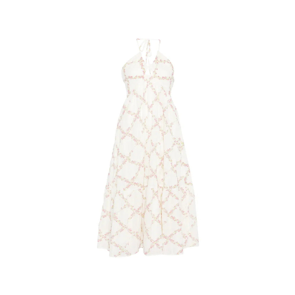 🌸 Abito lungo a halter bianco con stampa floreale rosa