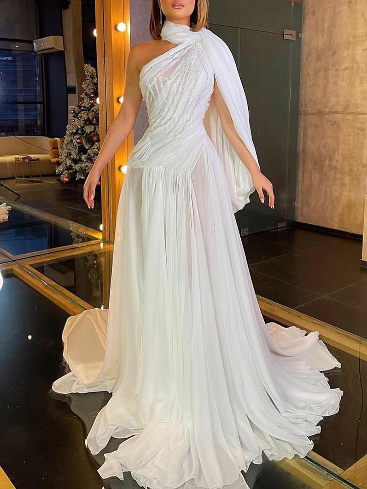 Simple Wedding Sleeveless Asymmetric Ruffled White Maxi Dresses