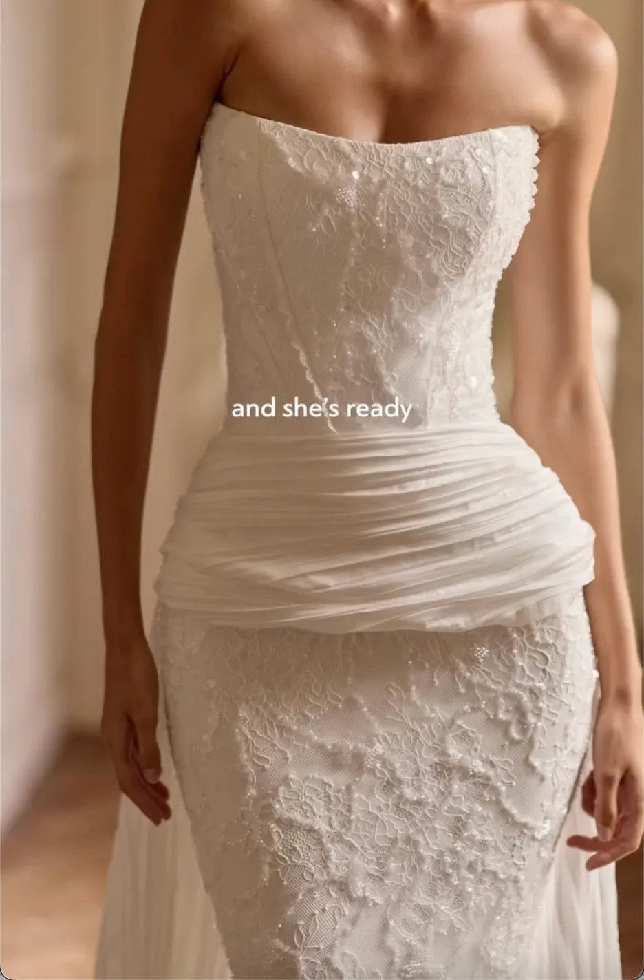 Strapless Sequin Lace Mermaid Wedding Dress Draped Waist Sash With Pleated Long Train Bridal Gown