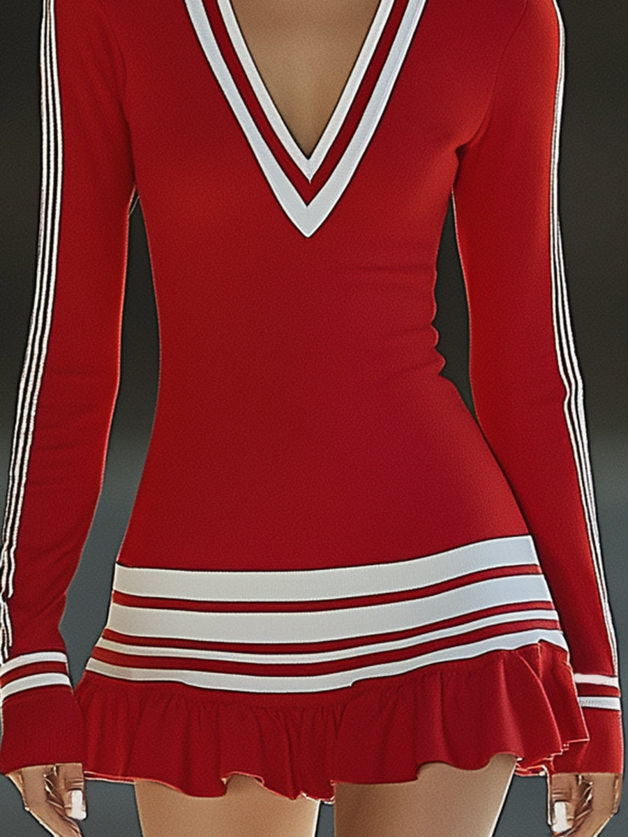 [24-hour shipping out]Fashionable Sports White Striped Red V-neck Long Sleeve Mini Dress