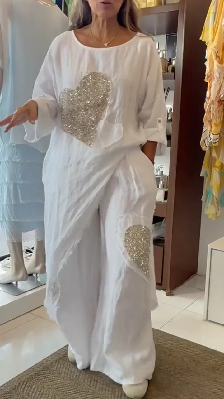Women's Round Neck Cotton Linen Heart Sequin Casual Suit