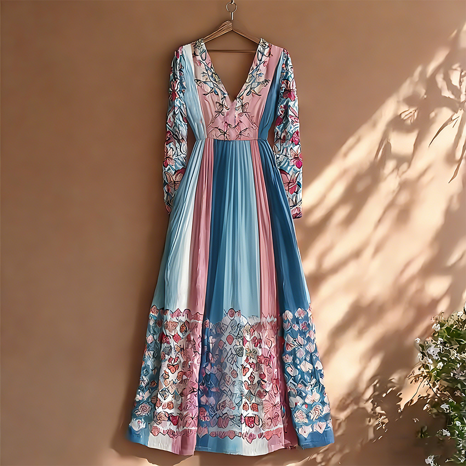 Retro Butterfly Print Transgender Colorblock Patchwork Dress