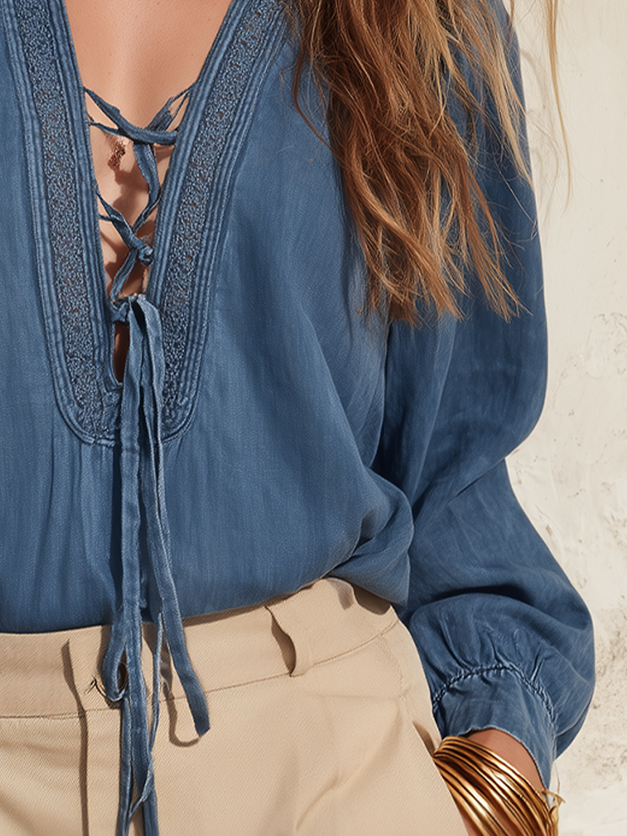 Elegant Dusty Blue Lace-Up Blouse