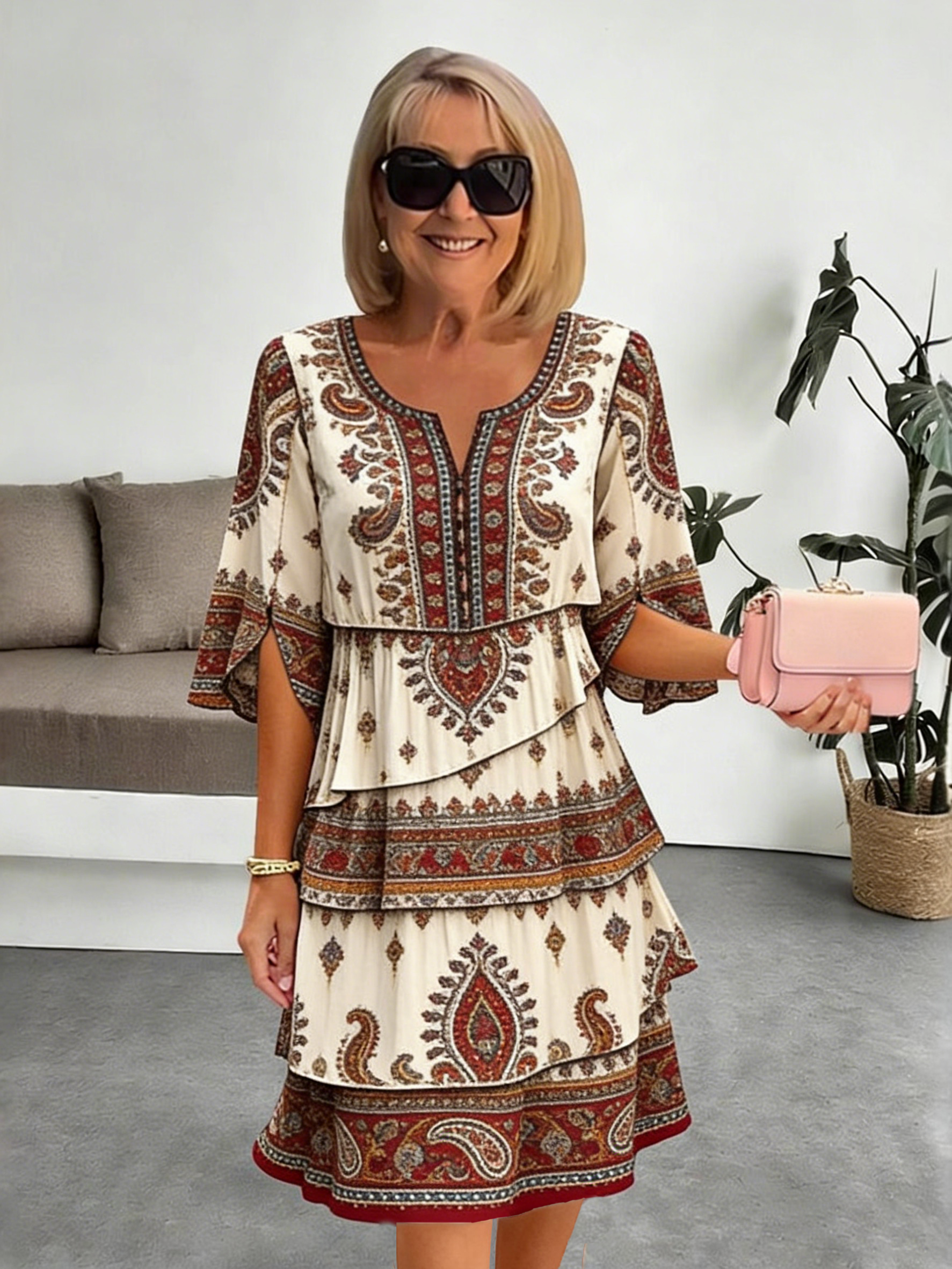 Chiffon Vacation Prints Color Round Neck Cake Skirt Splicing Dress Mid-length