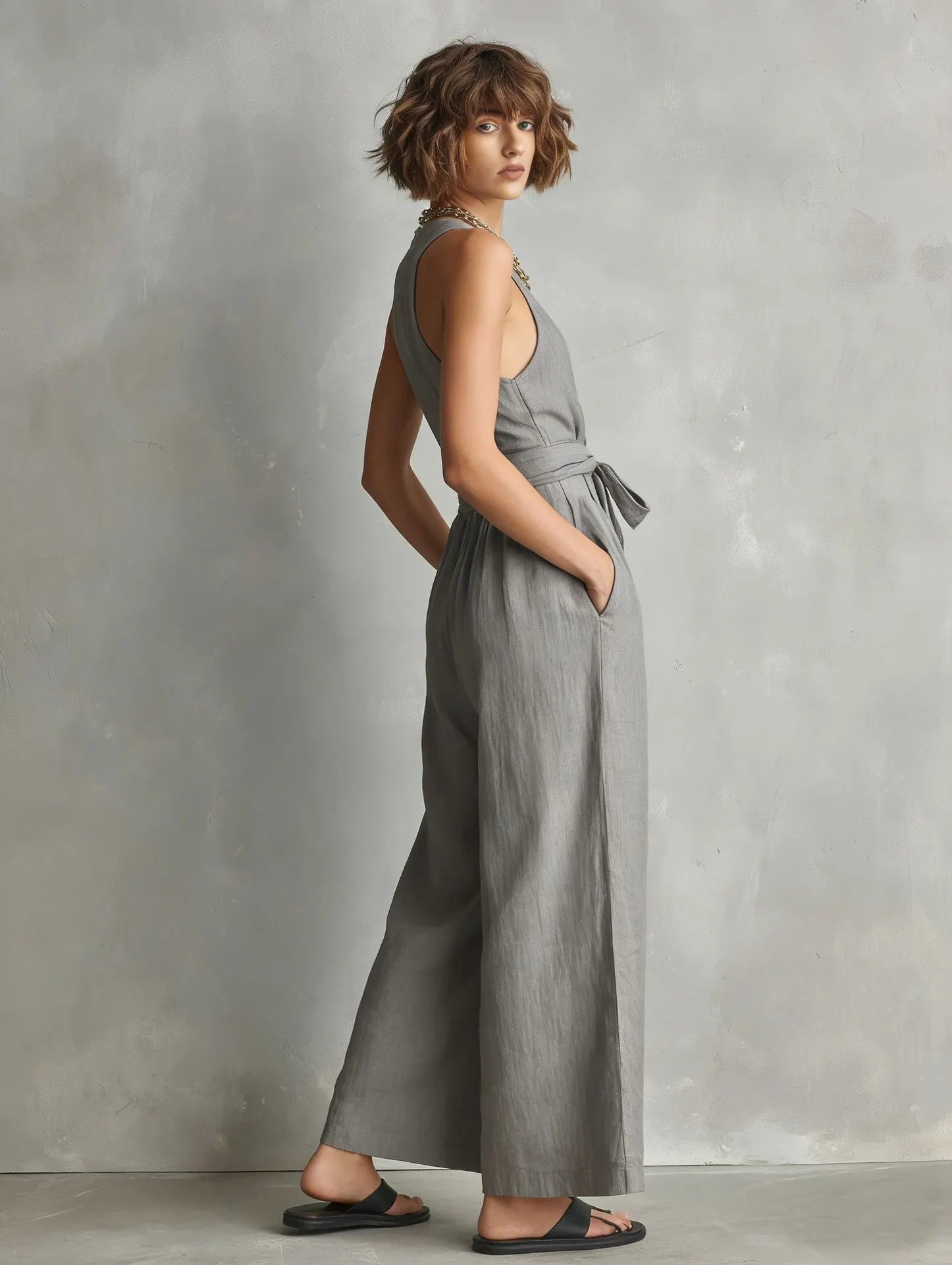 Gurtons Elegant Waist-Knot Jumpsuit - Sleeveless Wide-Leg One-Piece Quiet Luxury Set