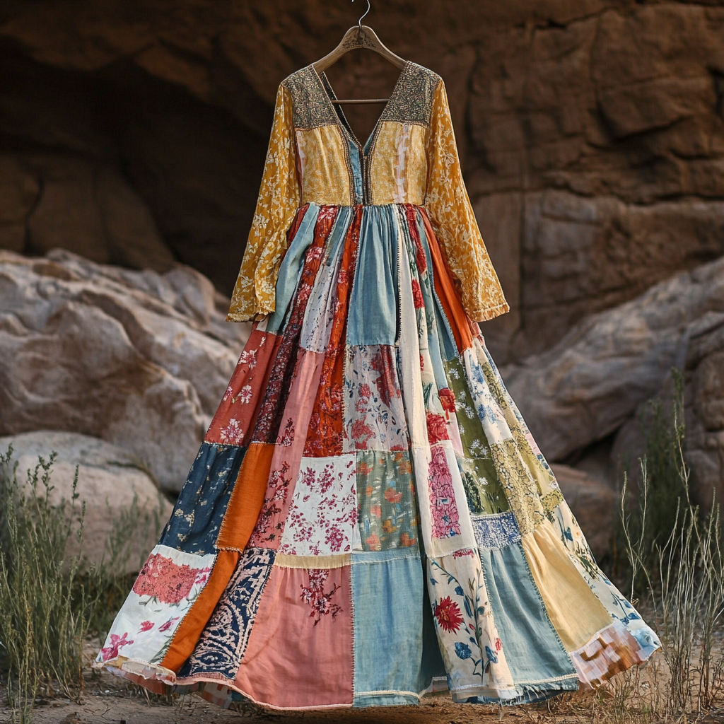 Women's Vintage Bohemian Patch Cotton And Linen Long Sleeve Dress