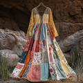Women's Vintage Bohemian Patch Cotton And Linen Long Sleeve Dress 8ad8