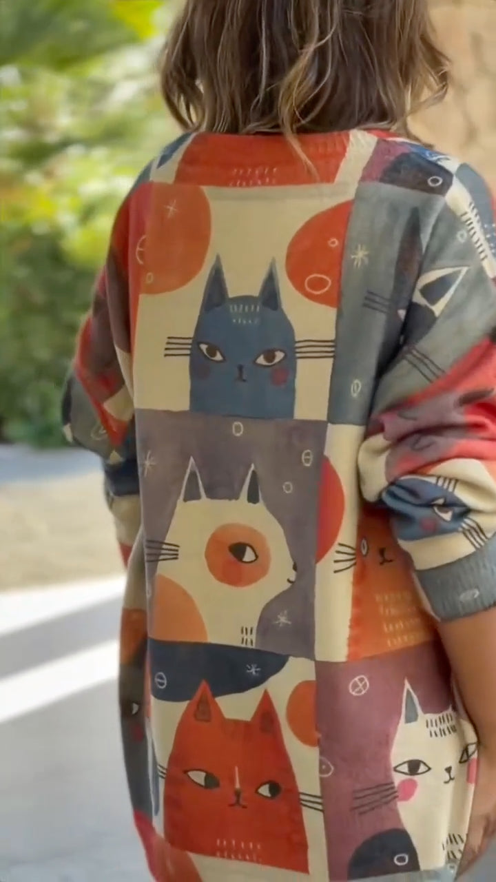 Cartoon Cat Print V-Neck Oversized Knit Top