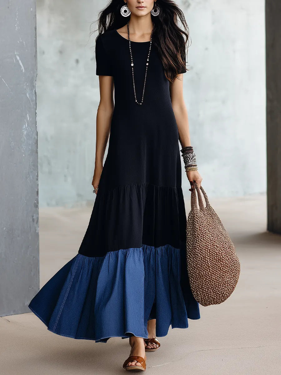 Elegant Black Contrast Tiered Maxi Dress