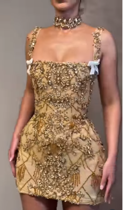 Champagne Gold Rhinestone Strappy Mini Dress