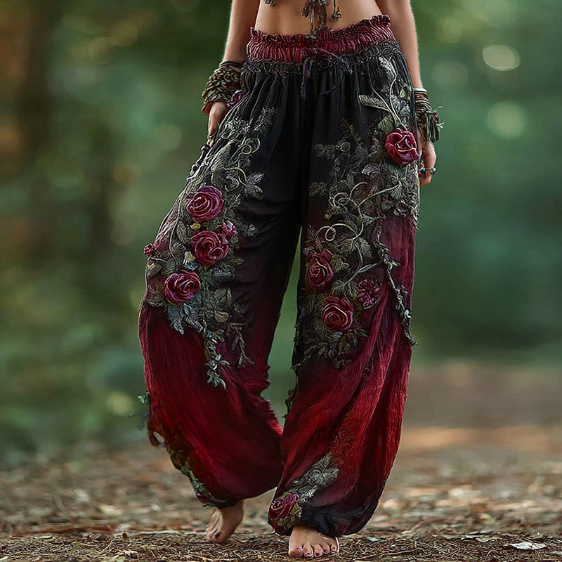 Women's Vintage Rose Floral Pattern Casual Pants