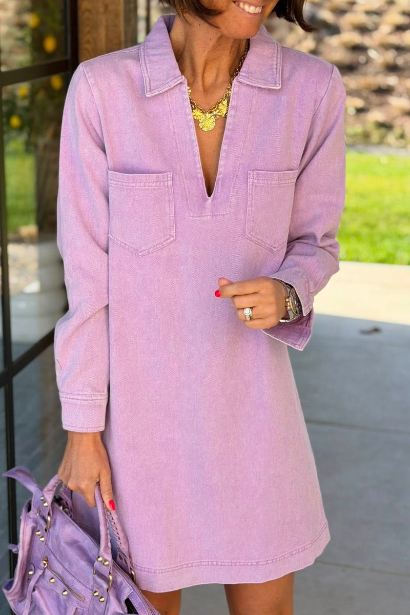 V-Neck Pocket Denim Shirt Dress