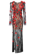 Long Sleeve Floral Detail Lace Maxi Dress Black Red