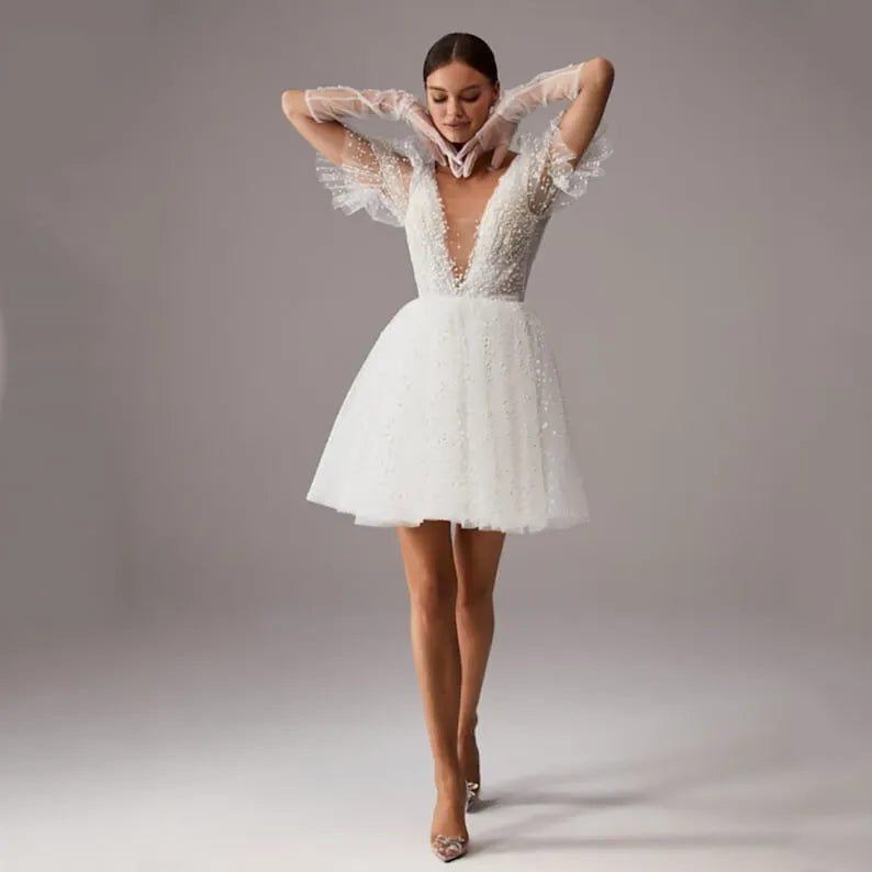Mini Length Wedding Dress Short V-Neck Backless Above Knee Bridal Gown