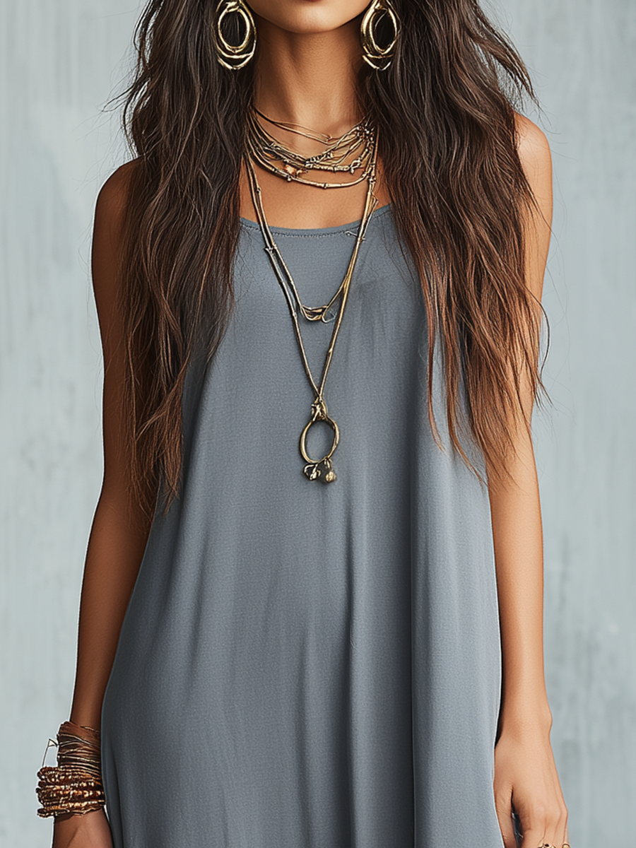 Relaxed Slate Gray Floral Hem Maxi Dress