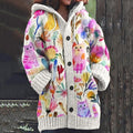 Women's Colorful Floral And Cat Art Hooded Cardigan Sweater