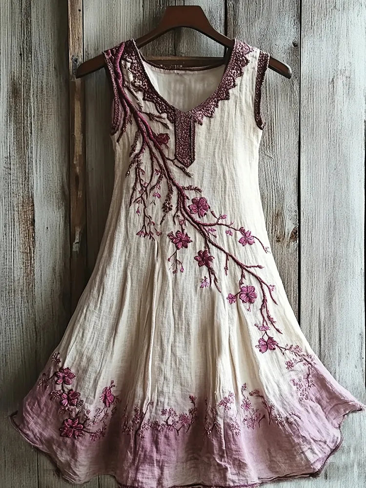 Vintage Celtic Knot With Cherry Blossoms Pattern Linen Tank Dress