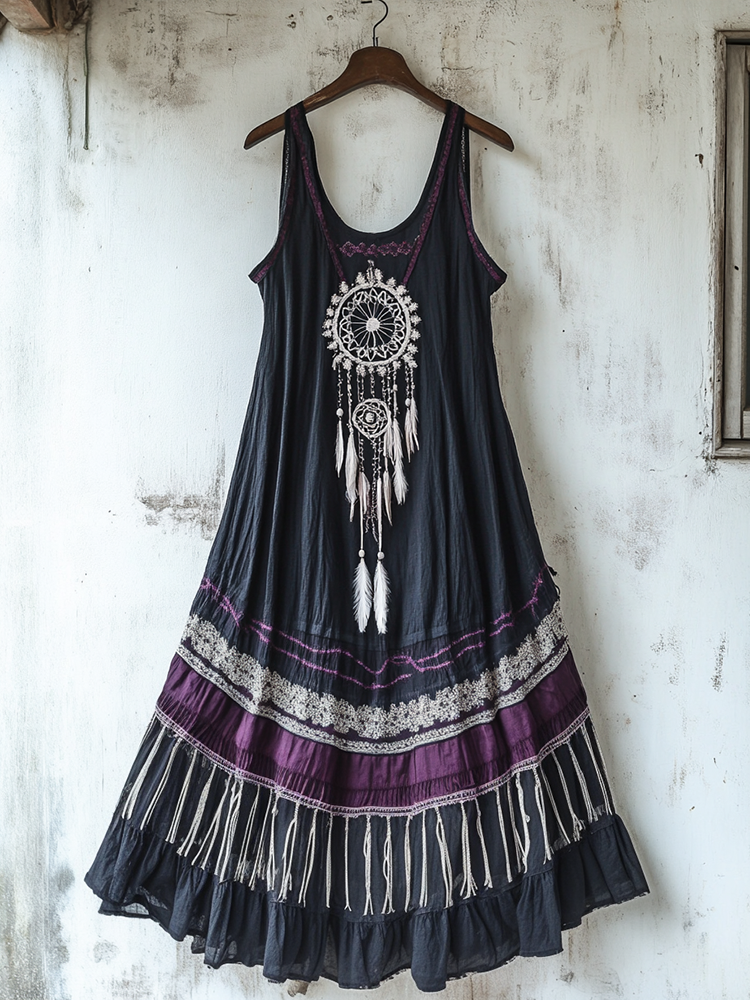 Bohemian Lace Floral Embroidery Art Linen Tank Dress