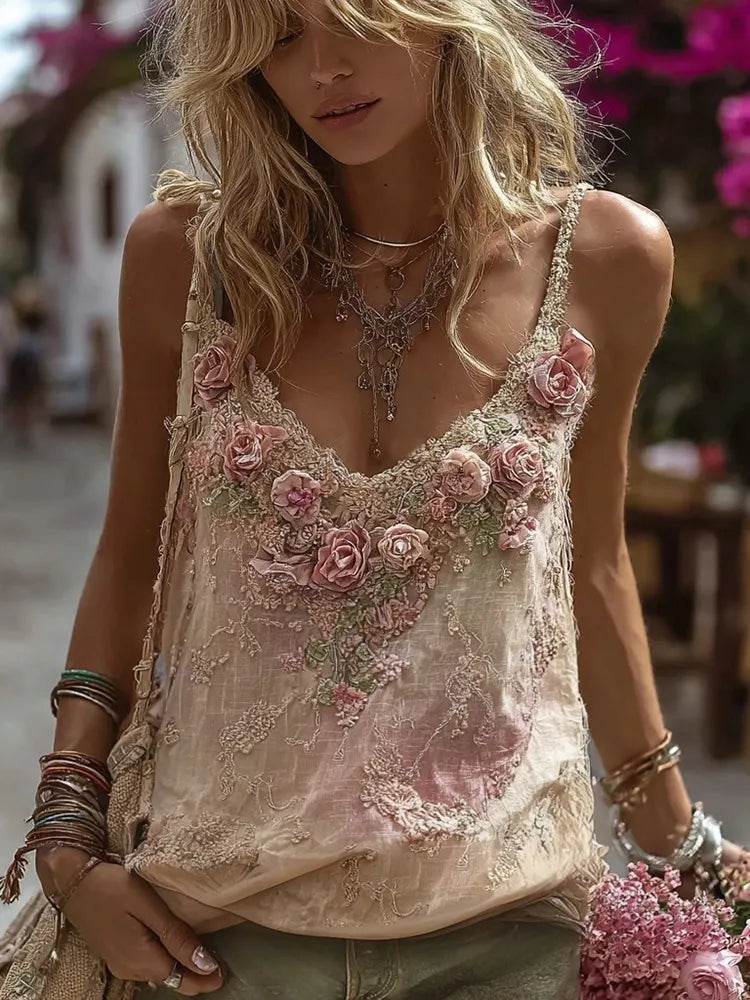 Vintage Pink Rose Embroidery Linen Comfy Camisole