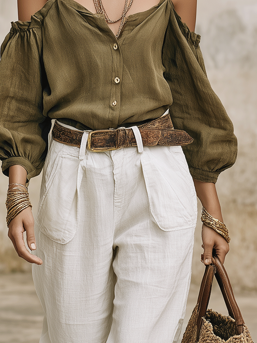 Effortless Boho Off-Shoulder Olive Top & White Pants Set