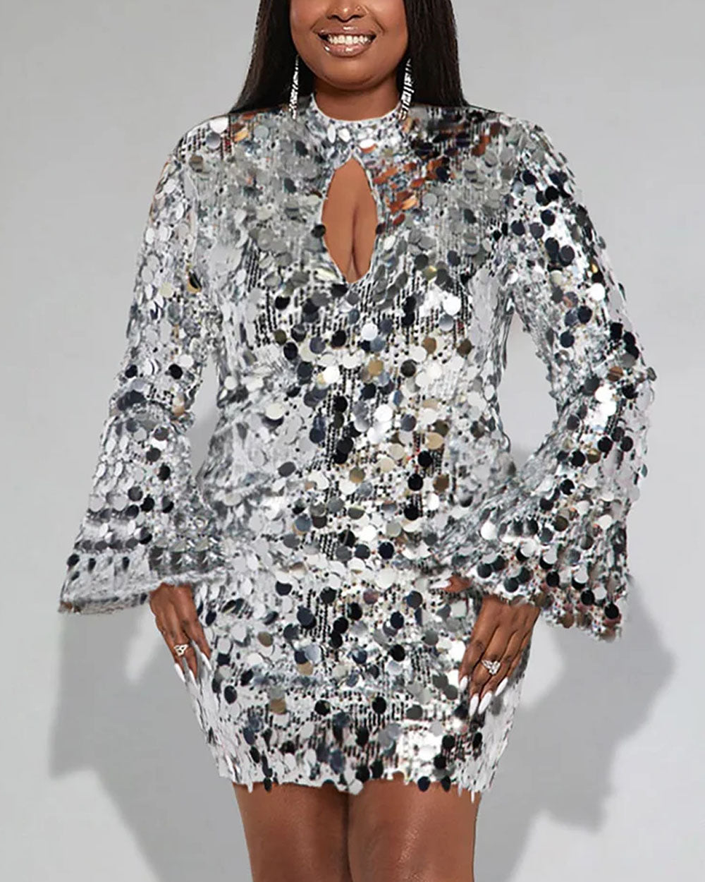Plus Size Party Dress Silver Metallic Disco Sequin Trumpet Sleeve Mini Dress