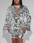 Plus Size Party Dress Silver Metallic Disco Sequin Trumpet Sleeve Mini Dress