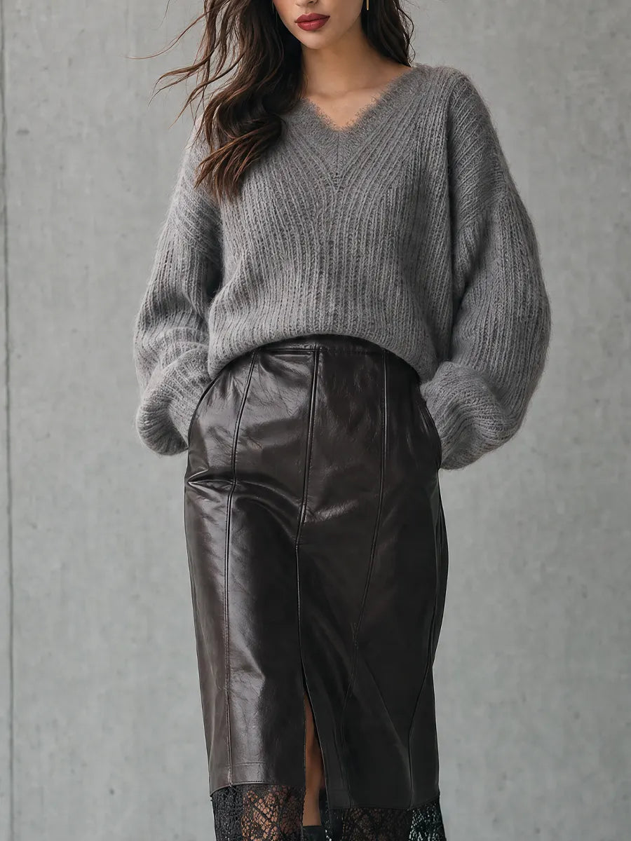 Effortless Chic Slouchy Sweater & Faux Leather Midi Skirt Outfit