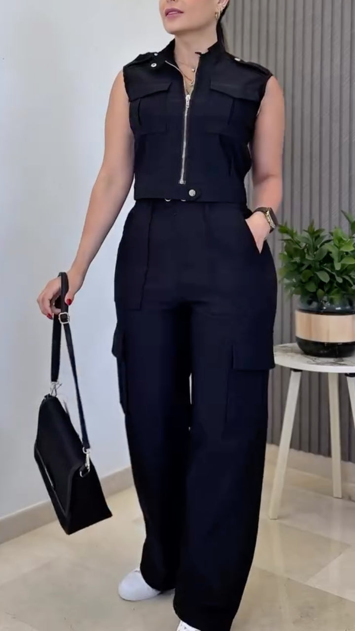 Sleeveless Zip-Up Top and Wide Leg Pants Set
