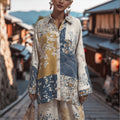 Women's Japanese Traditional Floral Patchwork Art Printed Linen Long Sleeve Shirt