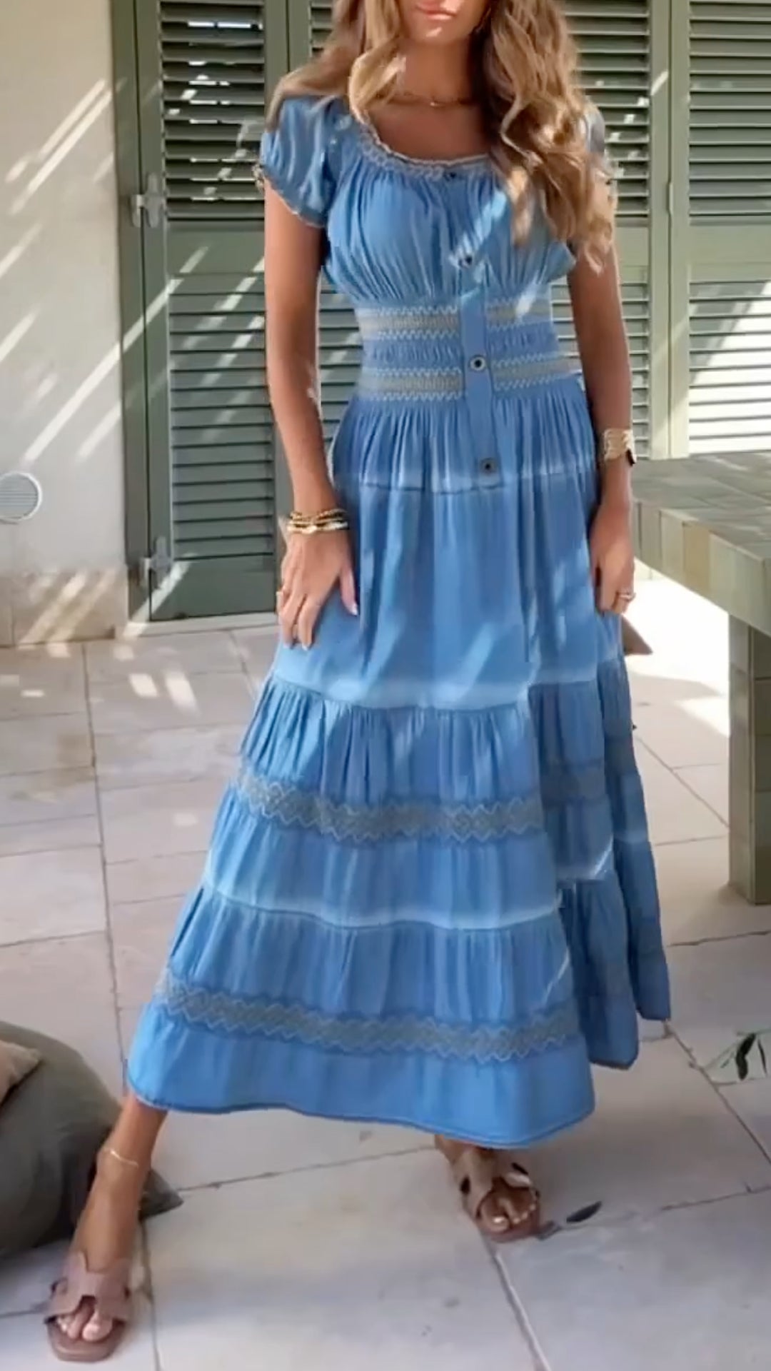 Blue Square Neck Denim Puff Sleeve Maxi Dress