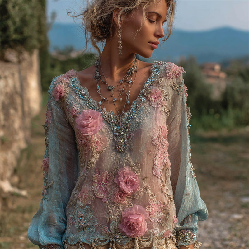 Floral Glitter Diamonds Beaded Gradient Flowy Linen Tunic