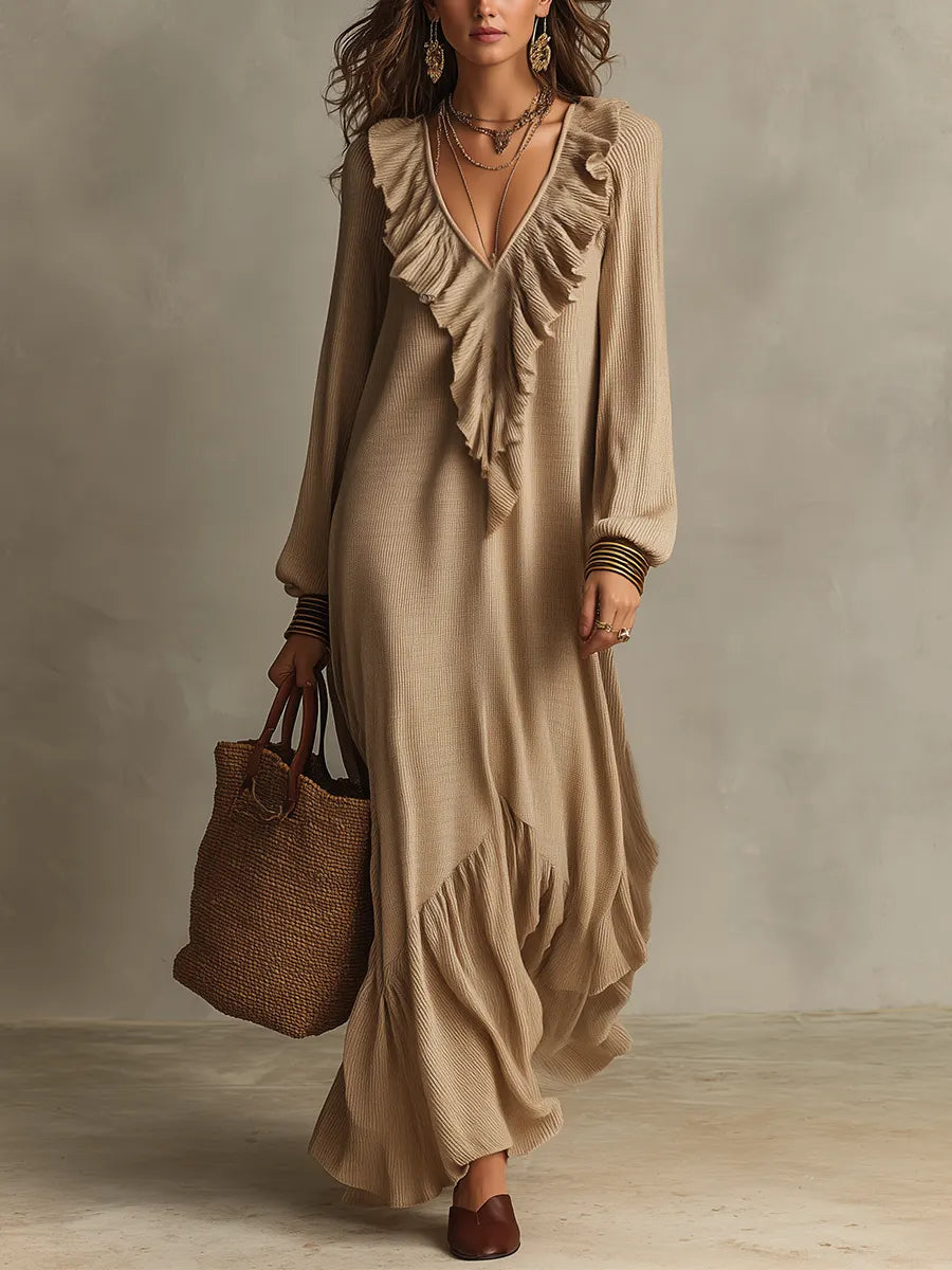 Graceful Beige Cascading Ruffle Maxi Dress
