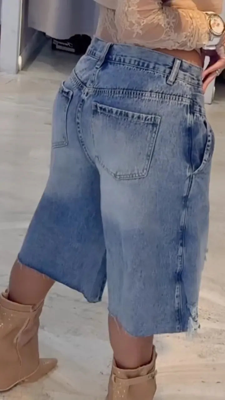 Lace 2 in 1 Crop Top + Asymmetric Denim Shorts Set