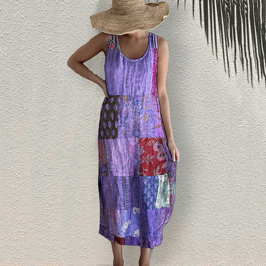 Vintage Bohemian Geometric Floral Art Linen Blend Dress
