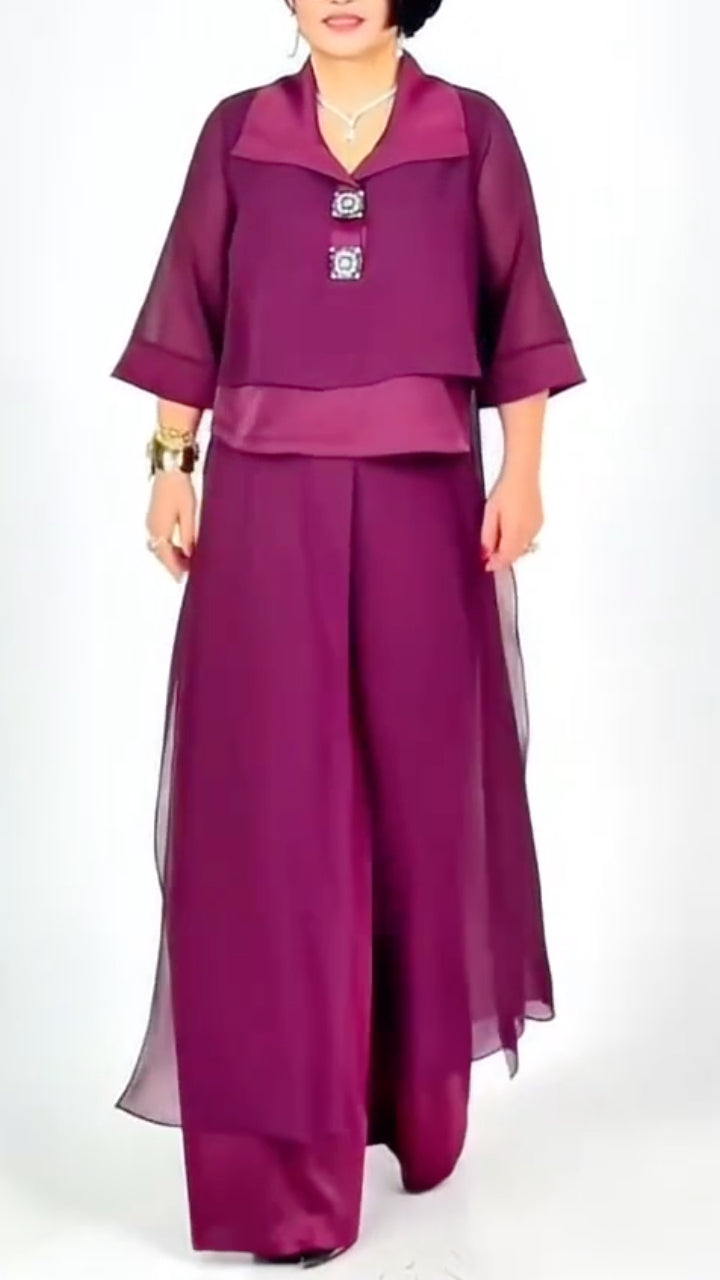 Women's Lapel Chiffon Top & Flowy Wide-Leg Pants Casual Set