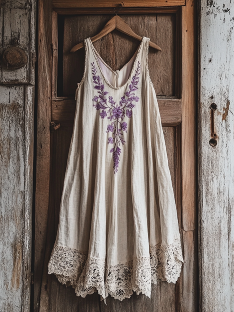 Boho Lavender Embroidered Pattern Lace Linen Dress