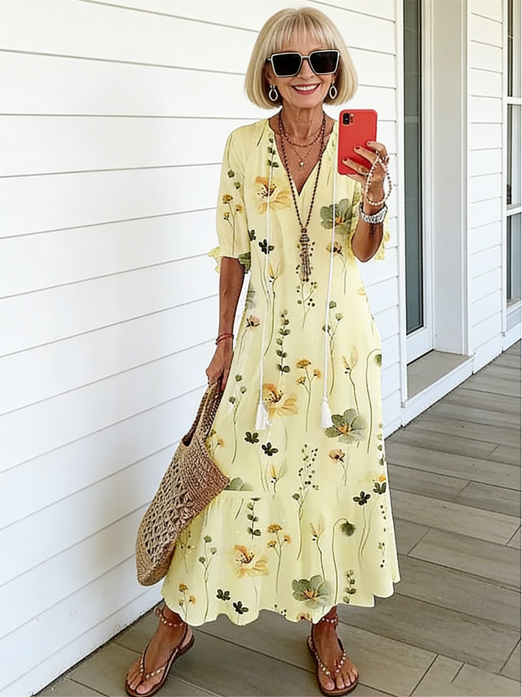Half Sleeve Floral Print Summer Fall V Neck Casual Geometric Printed Dress