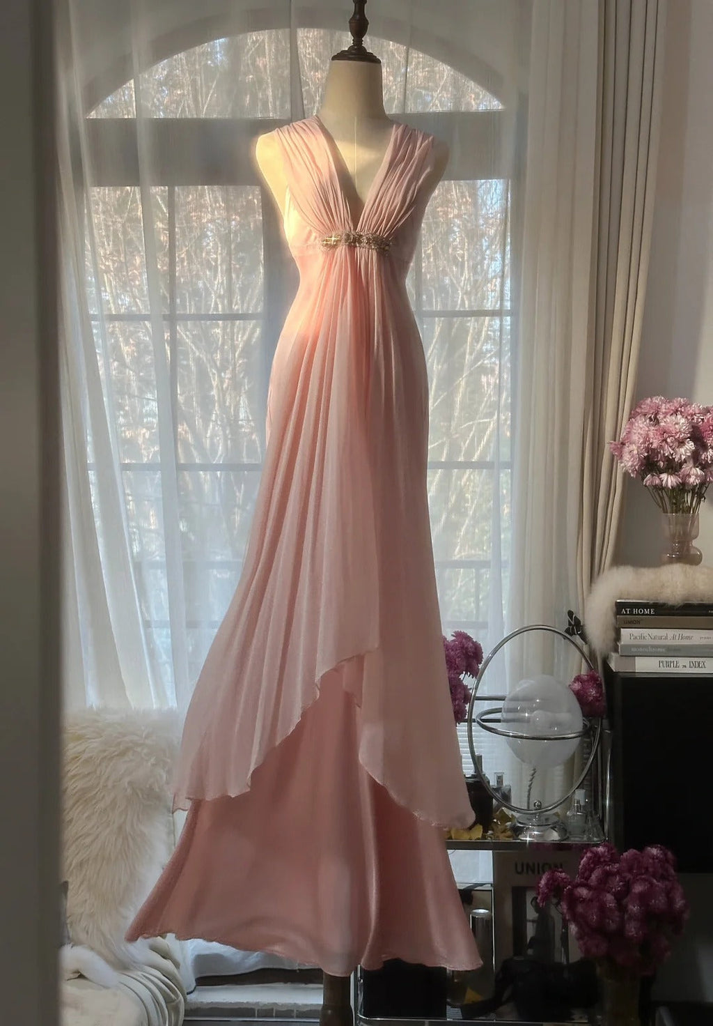 Pink Elegant Exquisite Rhinestone Long Satin Chiffon Ball Gown Evening Dress Party Dress Birthday Dress Date Dress 4163